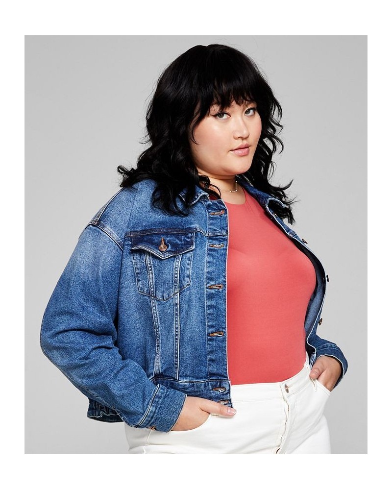 Trendy Plus Size Ruched Back Jean Jacket Forget Me Not $20.03 Jackets