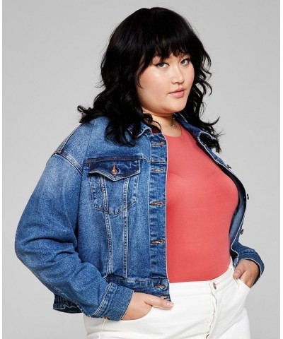 Trendy Plus Size Ruched Back Jean Jacket Forget Me Not $20.03 Jackets