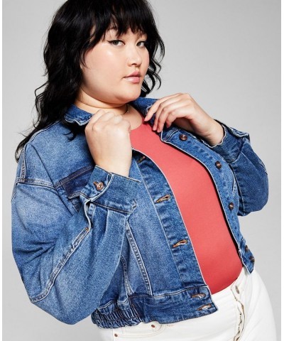 Trendy Plus Size Ruched Back Jean Jacket Forget Me Not $20.03 Jackets