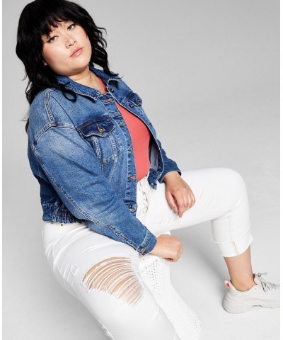 Trendy Plus Size Ruched Back Jean Jacket Forget Me Not $20.03 Jackets