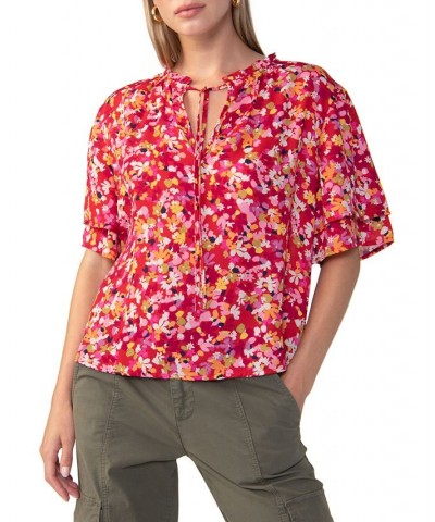 Women's Floral Cotton Flutter-Sleeve Top Bright Red $25.95 Tops