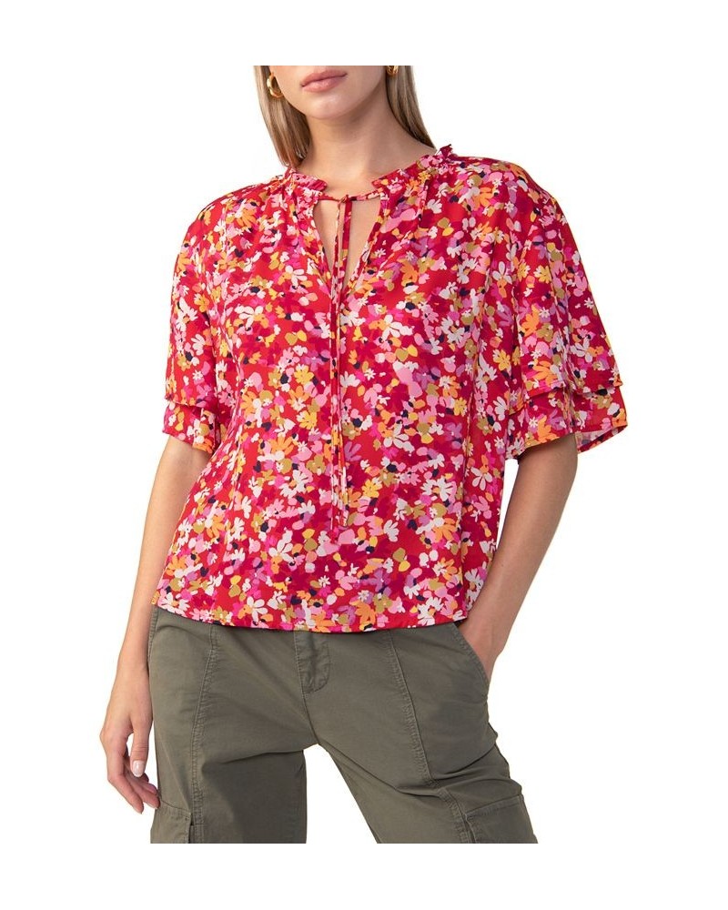 Women's Floral Cotton Flutter-Sleeve Top Bright Red $25.95 Tops