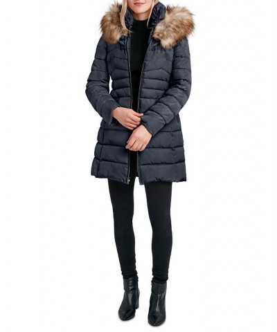 Women's Faux-Fur-Trim Hooded Puffer Coat Blue $61.20 Coats