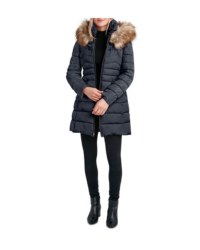 Women's Faux-Fur-Trim Hooded Puffer Coat Blue $61.20 Coats