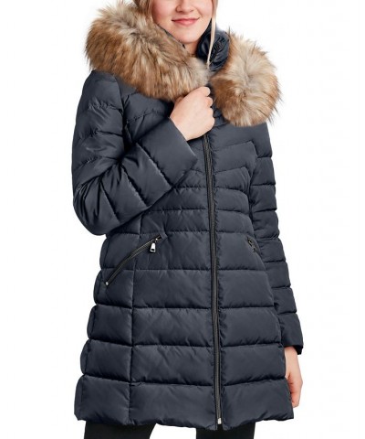 Women's Faux-Fur-Trim Hooded Puffer Coat Blue $61.20 Coats