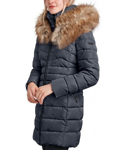 Women's Faux-Fur-Trim Hooded Puffer Coat Blue $61.20 Coats