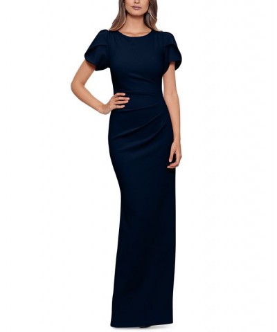 Puff-Sleeve Ruched Gown Navy $96.84 Dresses