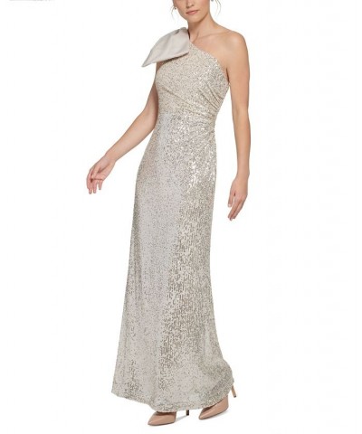 Plus Size Sequined Bow One-Shoulder Gown Champagne $46.90 Dresses