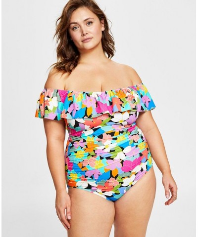 Plus Size Tummy Control Off-The-Shoulder Ruffled Swimsuit Floral Frenzy $43.56 Swimsuits