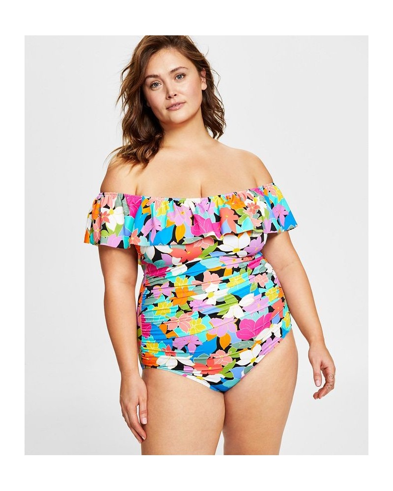 Plus Size Tummy Control Off-The-Shoulder Ruffled Swimsuit Floral Frenzy $43.56 Swimsuits