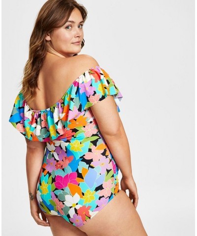 Plus Size Tummy Control Off-The-Shoulder Ruffled Swimsuit Floral Frenzy $43.56 Swimsuits