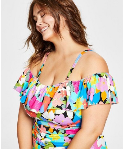 Plus Size Tummy Control Off-The-Shoulder Ruffled Swimsuit Floral Frenzy $43.56 Swimsuits