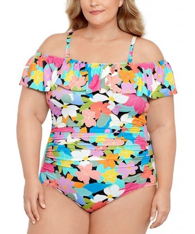 Plus Size Tummy Control Off-The-Shoulder Ruffled Swimsuit Floral Frenzy $43.56 Swimsuits