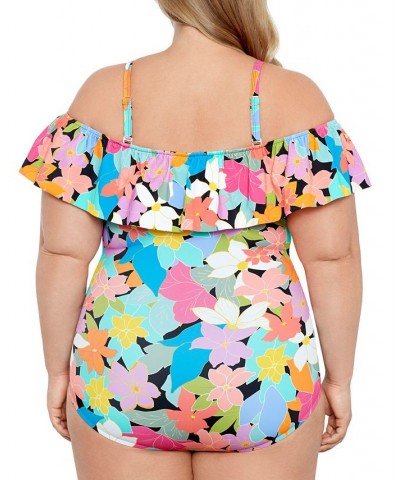 Plus Size Tummy Control Off-The-Shoulder Ruffled Swimsuit Floral Frenzy $43.56 Swimsuits