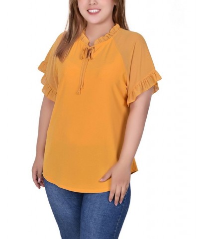 Plus Size Short Ruffled Sleeve Crepe Knit Top with Chiffon Sleeves Gold $14.90 Tops