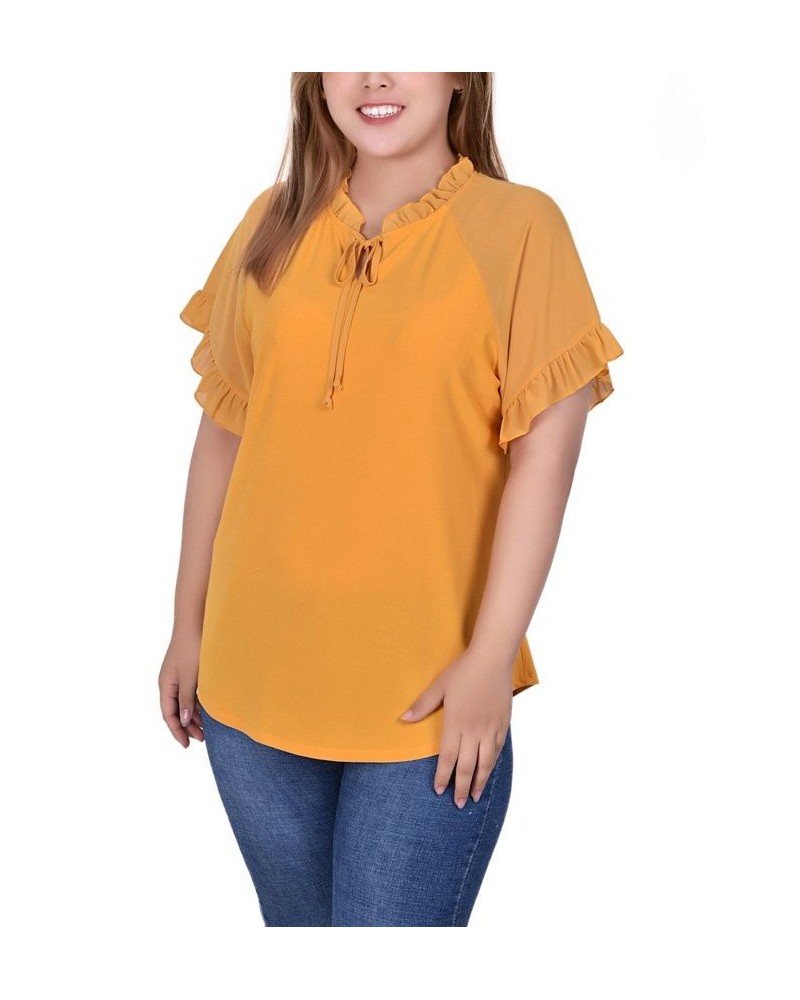 Plus Size Short Ruffled Sleeve Crepe Knit Top with Chiffon Sleeves Gold $14.90 Tops