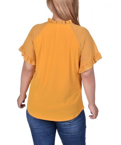 Plus Size Short Ruffled Sleeve Crepe Knit Top with Chiffon Sleeves Gold $14.90 Tops