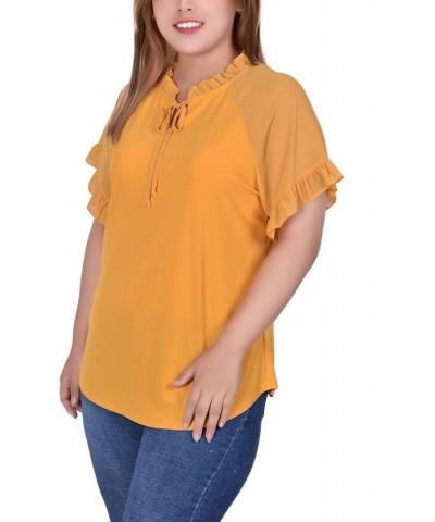 Plus Size Short Ruffled Sleeve Crepe Knit Top with Chiffon Sleeves Gold $14.90 Tops