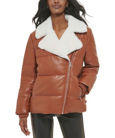 Faux-Leather Puffer Moto Jacket Tan/Beige $70.50 Coats