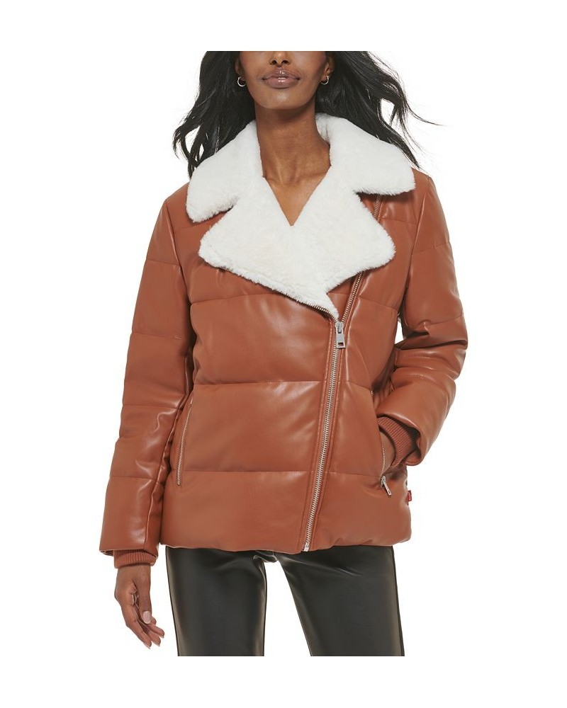 Faux-Leather Puffer Moto Jacket Tan/Beige $70.50 Coats