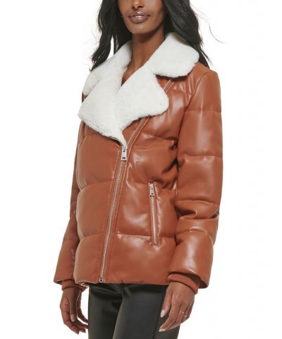 Faux-Leather Puffer Moto Jacket Tan/Beige $70.50 Coats