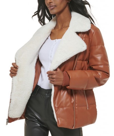 Faux-Leather Puffer Moto Jacket Tan/Beige $70.50 Coats