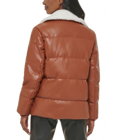 Faux-Leather Puffer Moto Jacket Tan/Beige $70.50 Coats