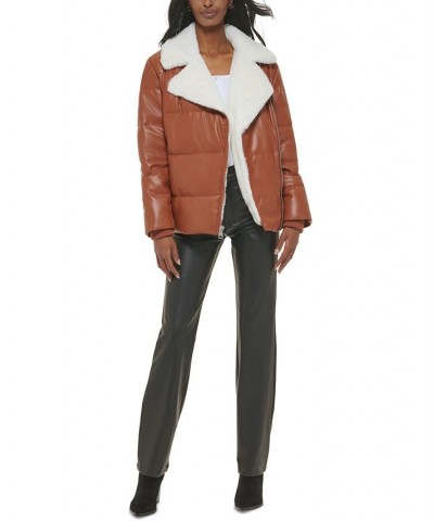 Faux-Leather Puffer Moto Jacket Tan/Beige $70.50 Coats