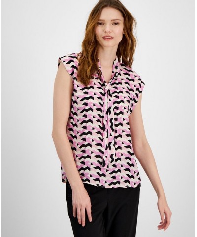 Women's Printed Tie-Neck Cap-Sleeve Top Pink Orchid Multi $18.72 Tops
