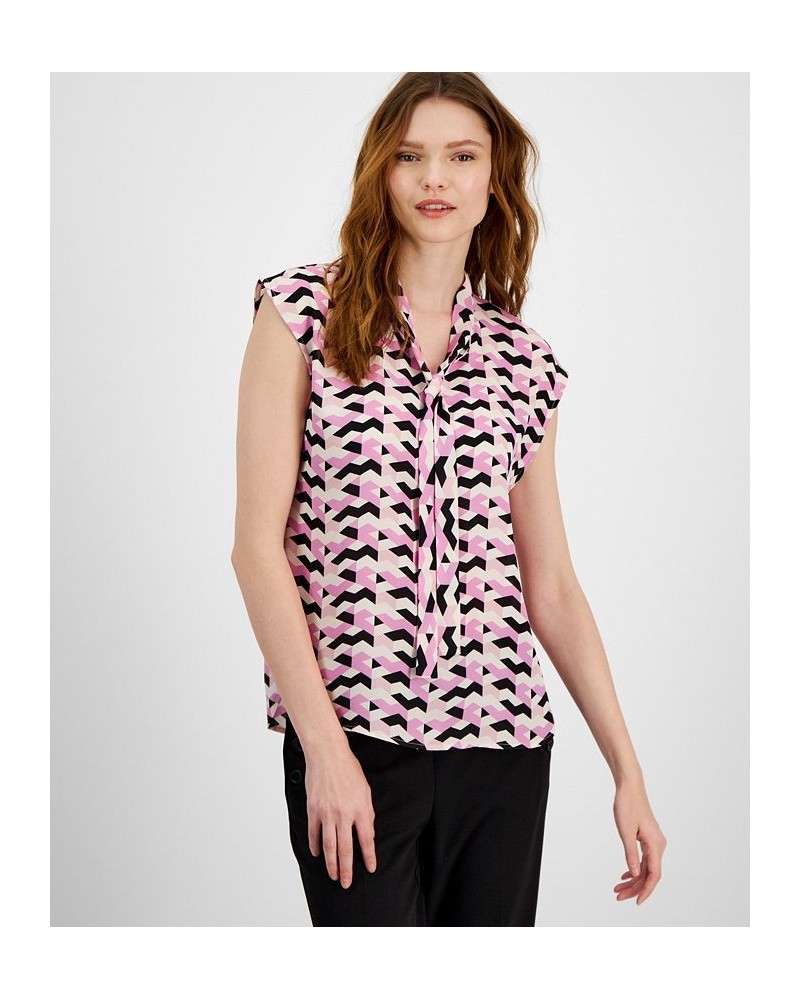 Women's Printed Tie-Neck Cap-Sleeve Top Pink Orchid Multi $18.72 Tops