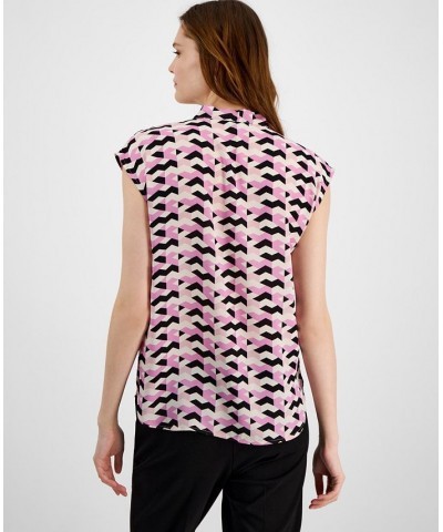 Women's Printed Tie-Neck Cap-Sleeve Top Pink Orchid Multi $18.72 Tops