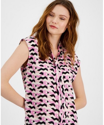 Women's Printed Tie-Neck Cap-Sleeve Top Pink Orchid Multi $18.72 Tops