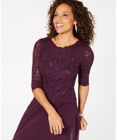 Sequined Lace Contrast Dress Purple $65.67 Dresses