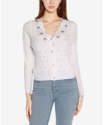 Women's Black Label Embellished Button Front Cardigan Sweater White $31.50 Sweaters