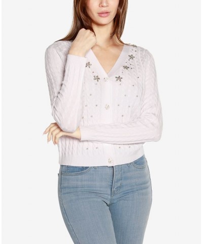 Women's Black Label Embellished Button Front Cardigan Sweater White $31.50 Sweaters