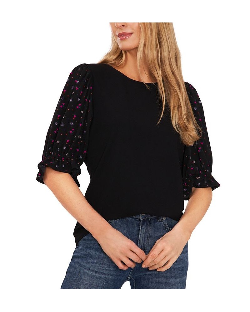 Women's Mixed Media Puff Sleeve Top Black $26.79 Tops