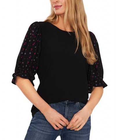 Women's Mixed Media Puff Sleeve Top Black $26.79 Tops