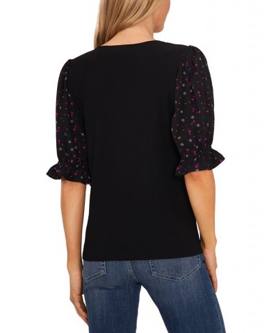 Women's Mixed Media Puff Sleeve Top Black $26.79 Tops