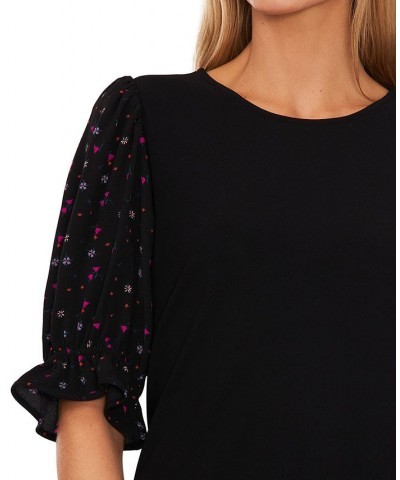 Women's Mixed Media Puff Sleeve Top Black $26.79 Tops