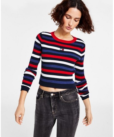Women's Cotton Striped Ribbed Sweater Blue $21.77 Sweaters