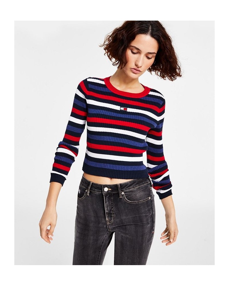 Women's Cotton Striped Ribbed Sweater Blue $21.77 Sweaters