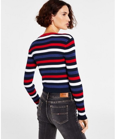 Women's Cotton Striped Ribbed Sweater Blue $21.77 Sweaters