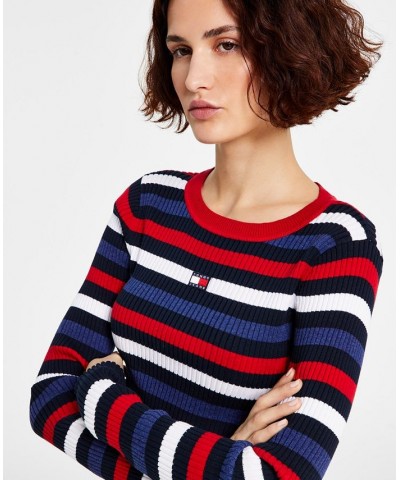 Women's Cotton Striped Ribbed Sweater Blue $21.77 Sweaters