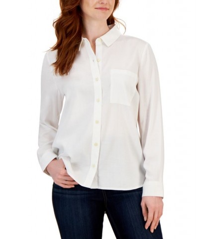 Petite Solid Button-Down Perfect Shirt White $15.99 Tops