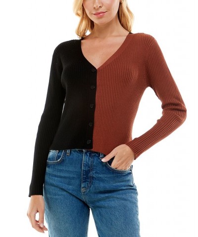 Juniors' Two-Tone Colorblocked Cardigan Black/Brown $10.71 Sweaters
