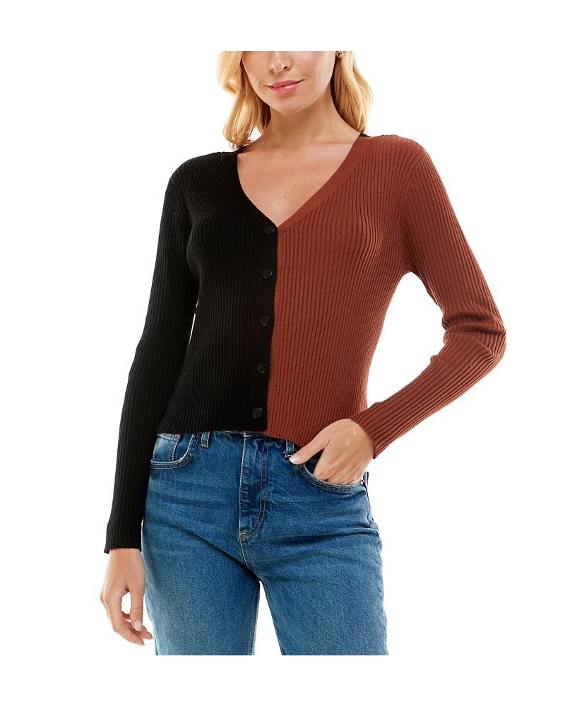 Juniors' Two-Tone Colorblocked Cardigan Black/Brown $10.71 Sweaters