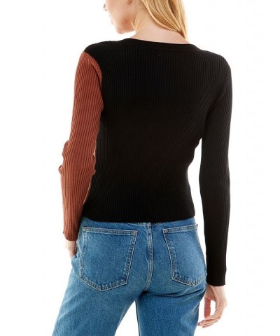 Juniors' Two-Tone Colorblocked Cardigan Black/Brown $10.71 Sweaters