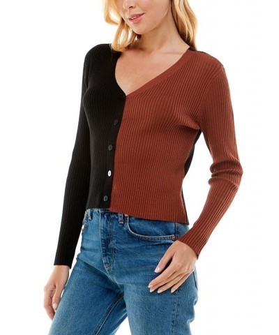 Juniors' Two-Tone Colorblocked Cardigan Black/Brown $10.71 Sweaters