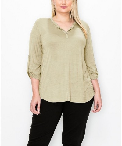 Plus Size 1 Button Henley Rolled Tab 3/4 Sleeve Top Stone $19.78 Tops