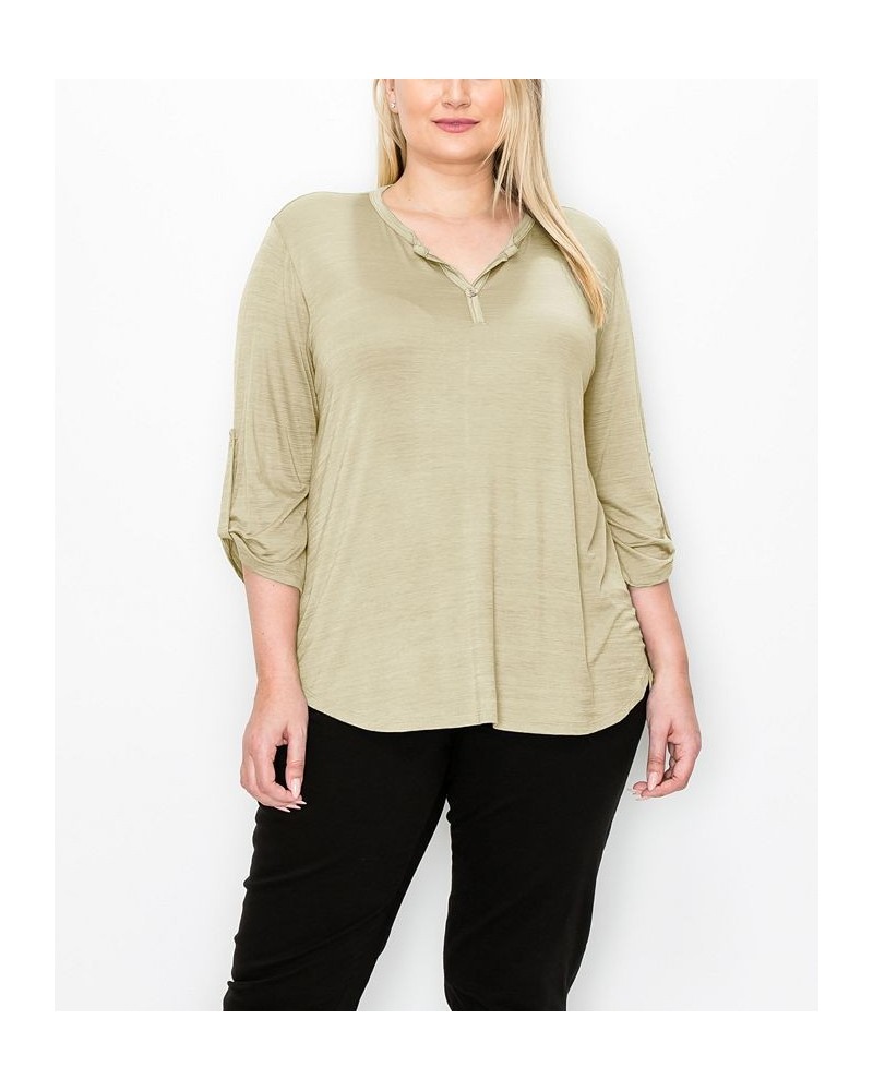 Plus Size 1 Button Henley Rolled Tab 3/4 Sleeve Top Stone $19.78 Tops